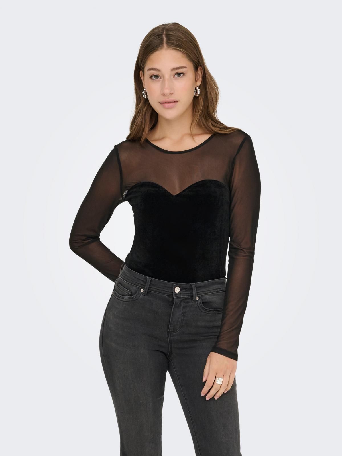 온리 시스루 레이스 슬림핏 긴팔 탑 15360668_2161_1233038 BLACK / BLACK - 상품 이미지