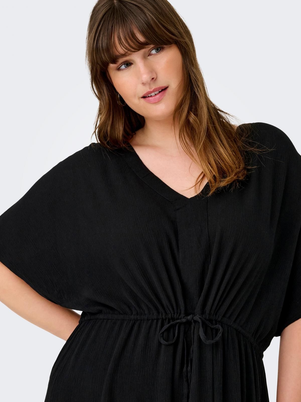 온리 빅사이즈 브이넥 드로스트링 미니 원피스 15349312_2161 BLACK / BLACK 이미지 7