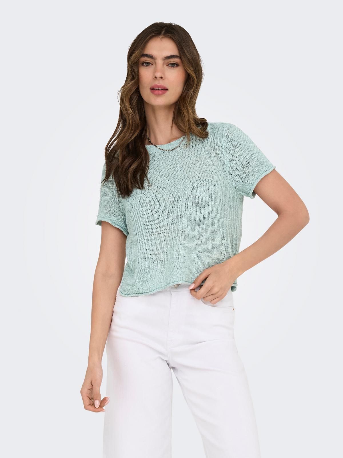 온리 라이트그린 소프트 라운드넥 반팔 니트 탑 15254282_1422 TURQUOISE / GRAY MIST - 상세 이미지 2