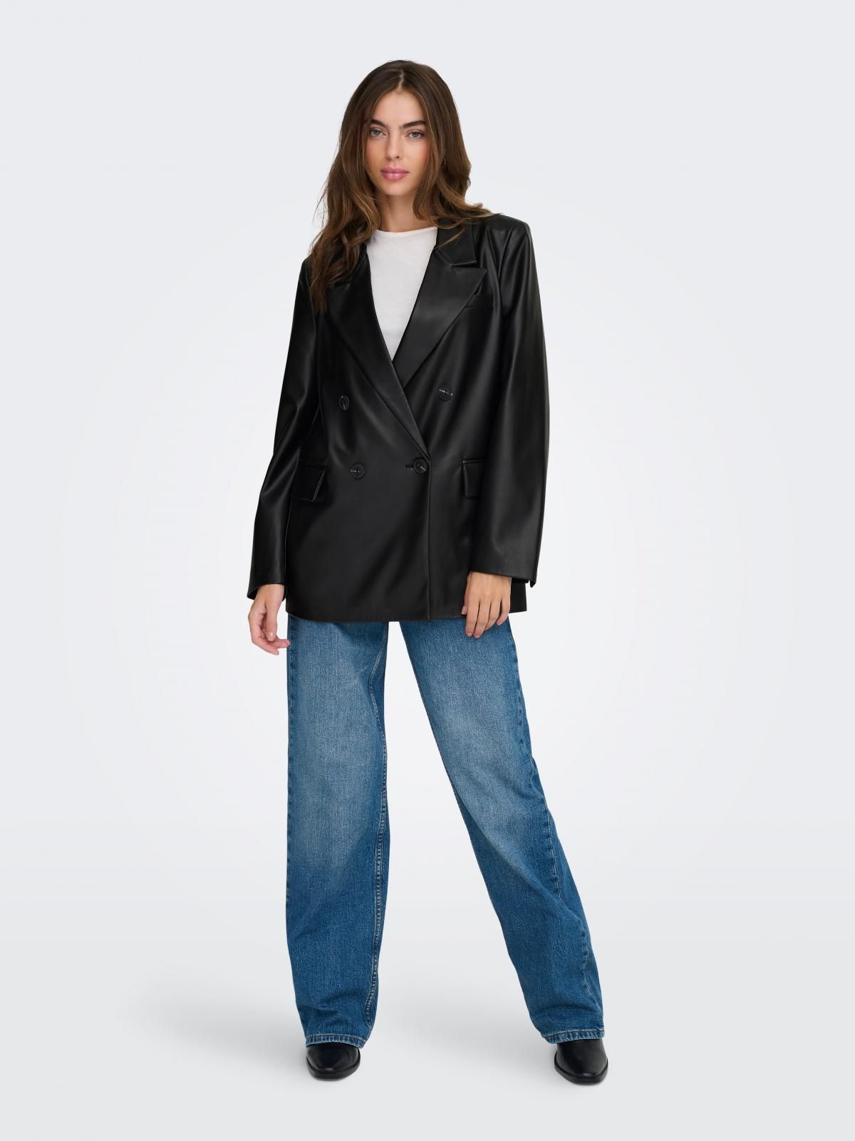 온리 페이크레더 더블브레스트 블랙 블레이저 15348943_2161 BLACK / BLACK - 상세 이미지 5