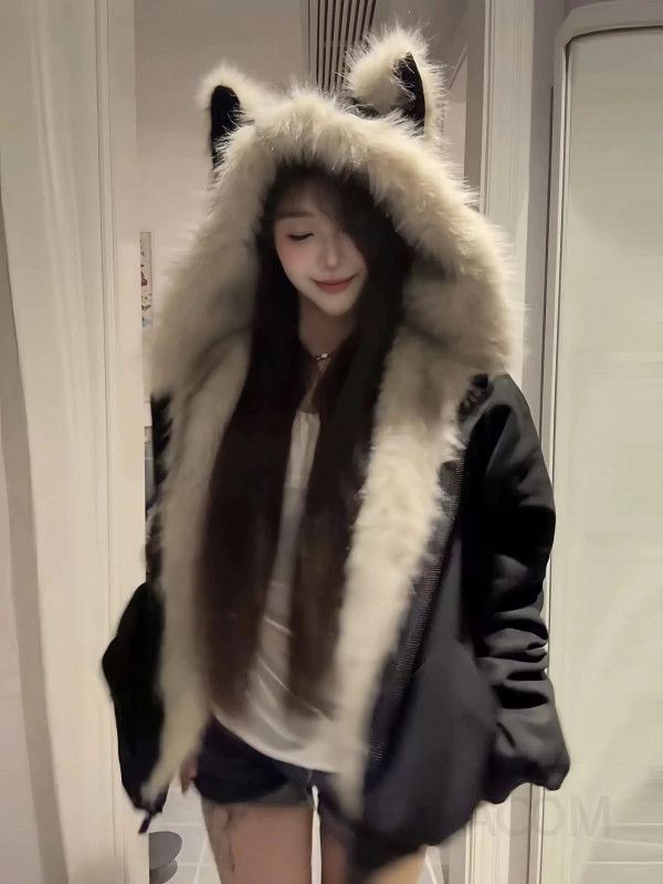 여성 겨울 루즈핏 동물귀 후드 패딩 재킷 따뜻한 데일리 아우터 캐주얼 집업 숏 코트 - 상세 이미지 4