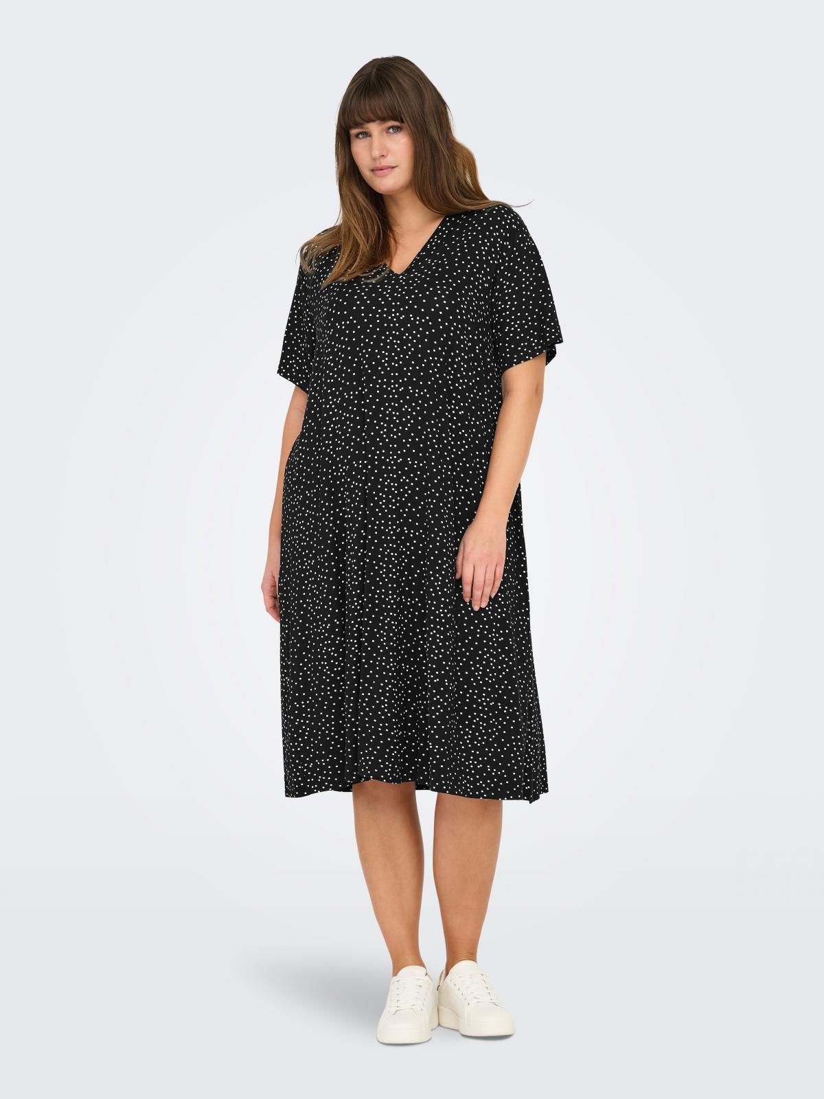 온리 빅사이즈 도트 패턴 브이넥 미디 원피스 15295477_2161_1178996 BLACK / BLACK - 상세 이미지 5