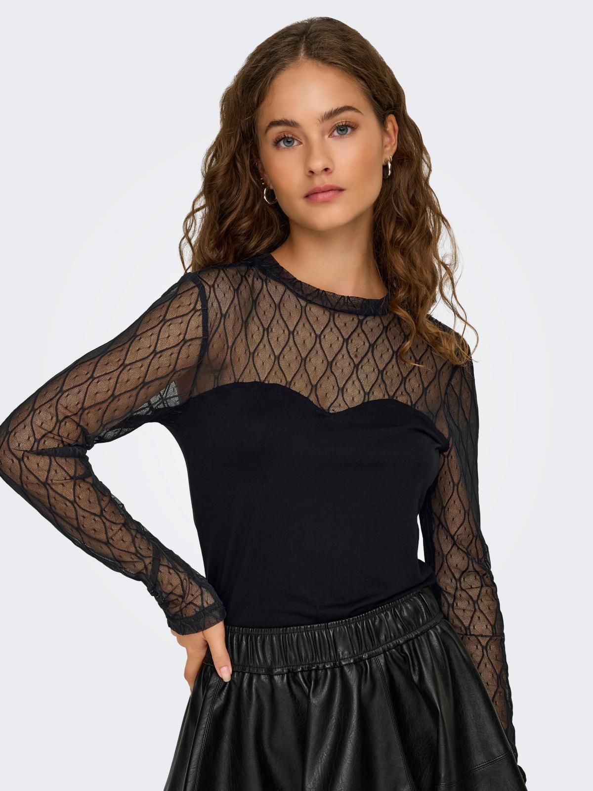 온리 레이스 시스루 라운드넥 긴팔 탑 15352873_2161 BLACK / BLACK - 상품 이미지