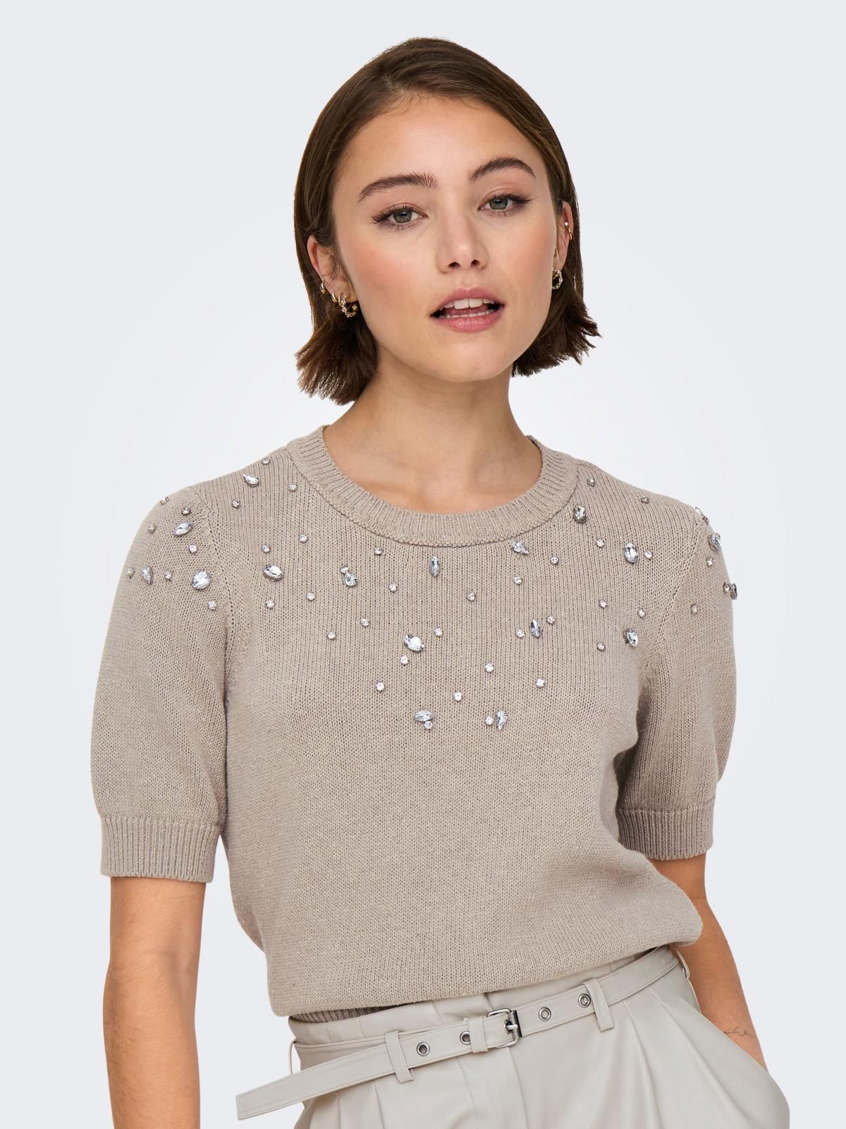 온리 진주장식 라운드넥 반팔 니트 탑 15347291_4481_1182252 GREY / PURE CASHMERE - 상품 이미지
