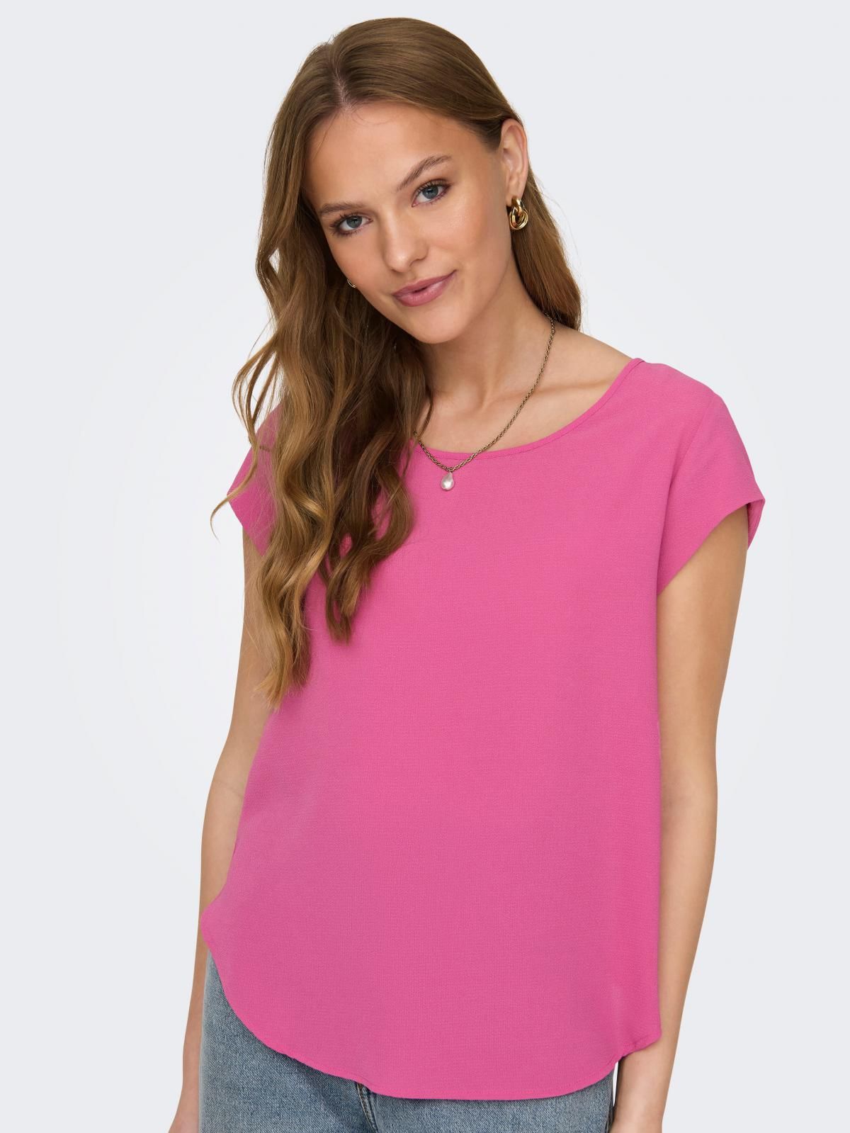 온리 심플 라운드넥 반팔 블라우스 핑크 15142784_838 ROSE / RASPBERRY ROSE - 메인 이미지