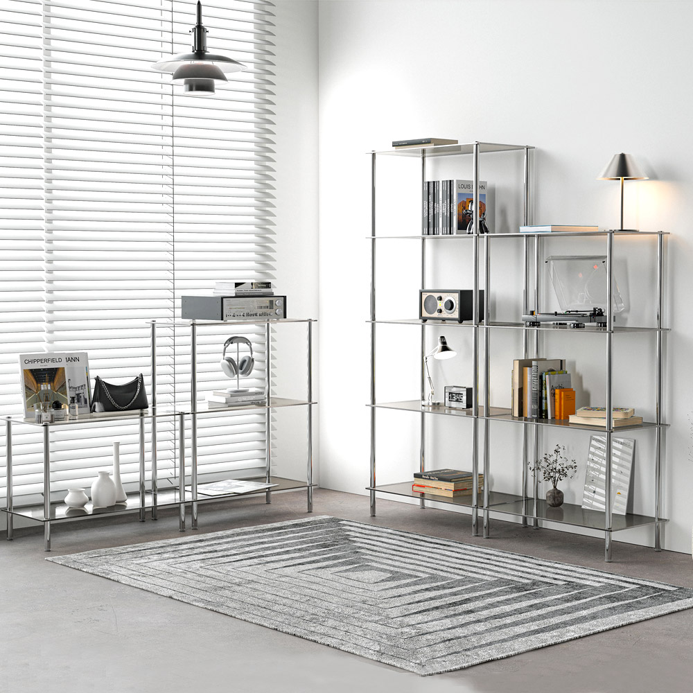 모듈 스테인리스 선반 장식장 600x300x1075, 4단, 그레이 유리