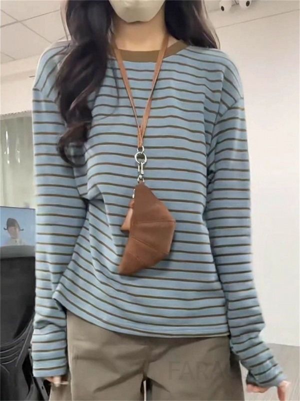 여성 루즈핏 라운드넥 스트라이프 티셔츠 긴팔 데일리룩 간절기 캐주얼 베이직 기본티 가을 - 상세 이미지 4