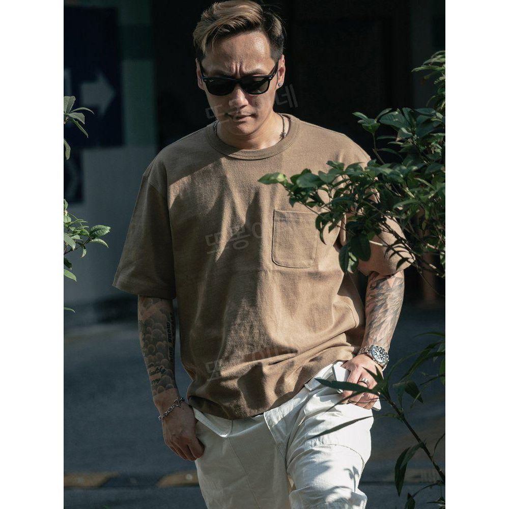논스탁 NON STOCK 드롭 숄더 반팔 티셔츠 두꺼운 면직물 느슨한 어스 플레인 솔리드 컬러 포켓 T 짙은 회색 S - 상품 이미지