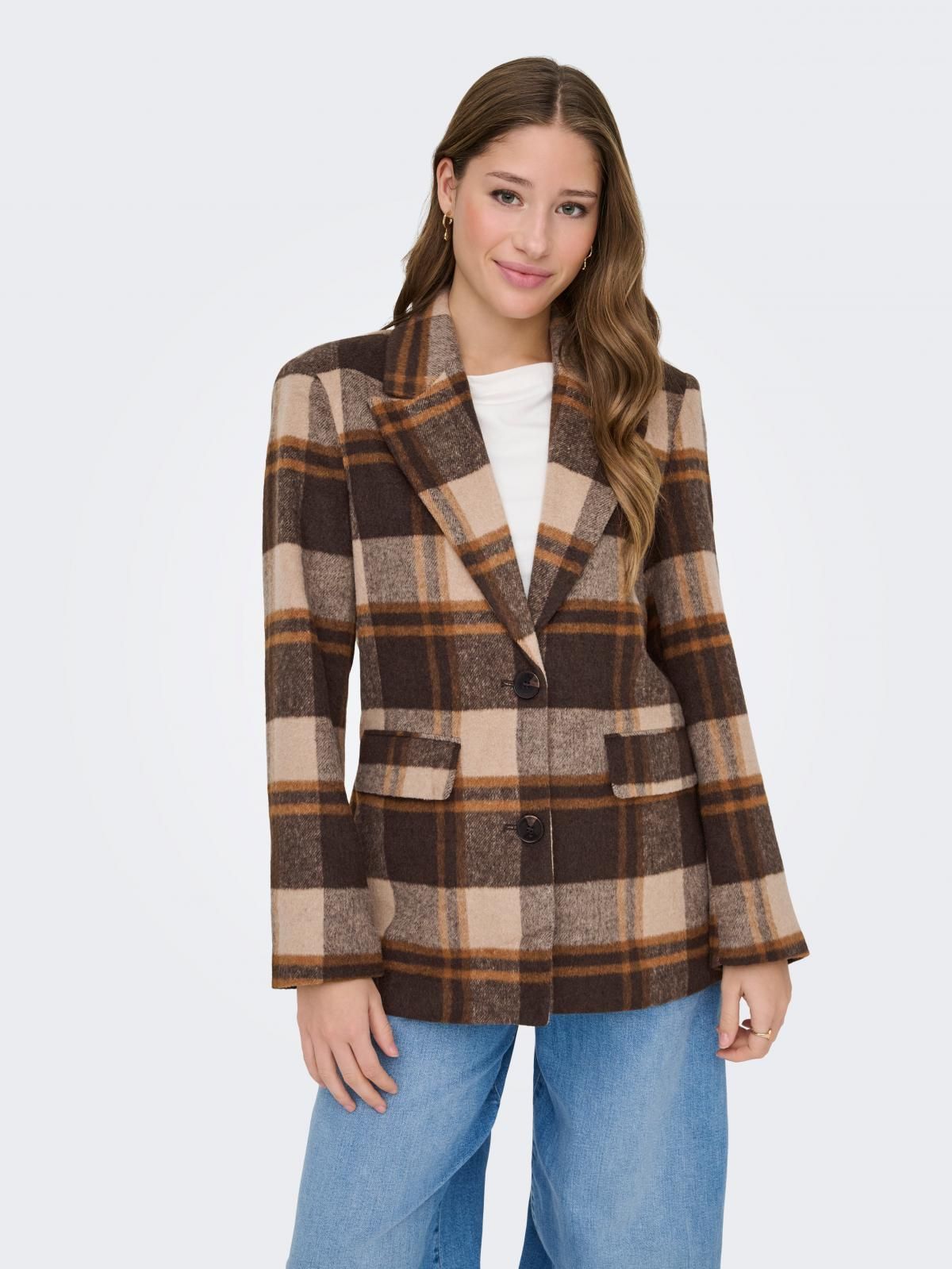 온리 체크 테일러드 블레이저 15368317_111_1250156 BROWN / SILVER MINK - 상품 이미지