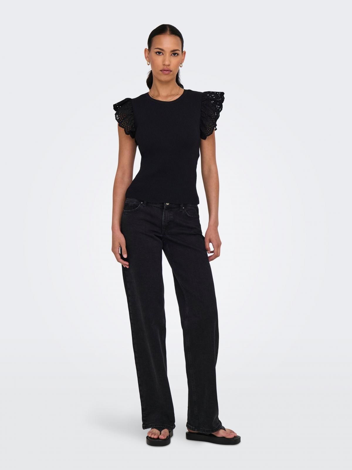 온리 프릴소매 라운드넥 니트 탑 슬림핏 15347788_2161 BLACK / BLACK - 상세 이미지 5