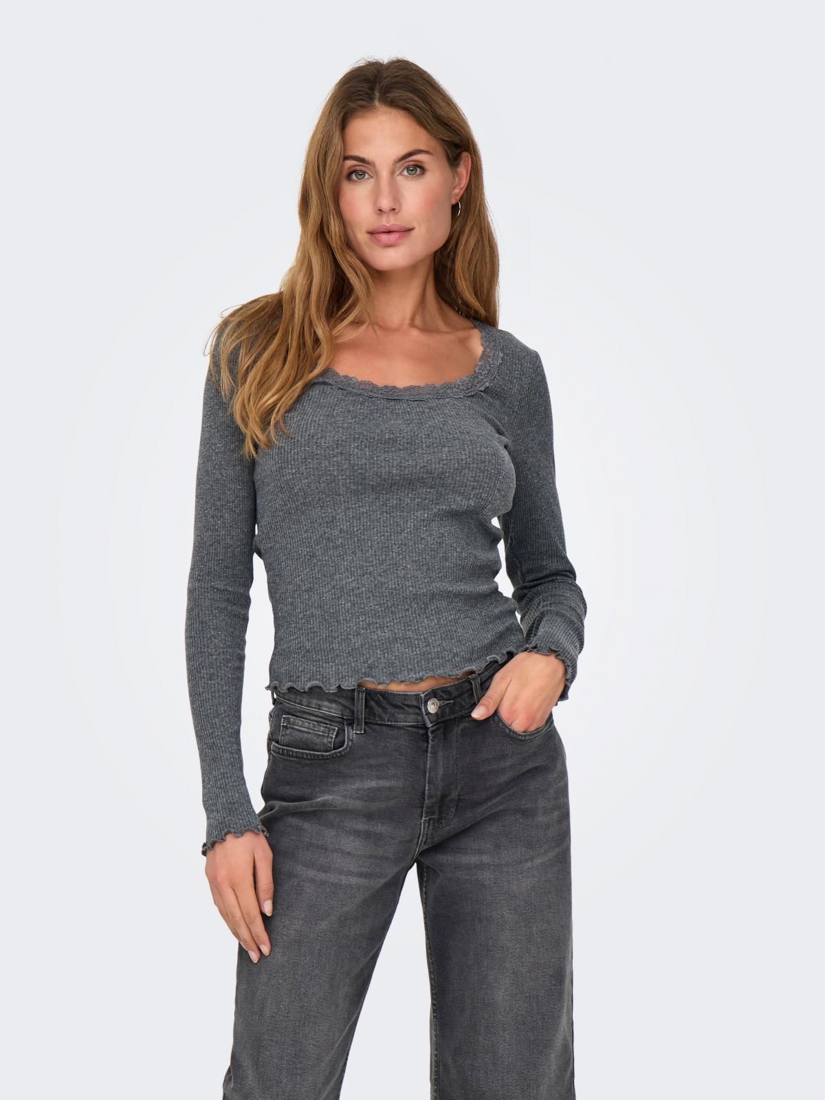 온리 베이직 라운드넥 레이스 긴팔 티셔츠 15330728_2383 GREY / DARK GREY MELANGE - 상품 이미지