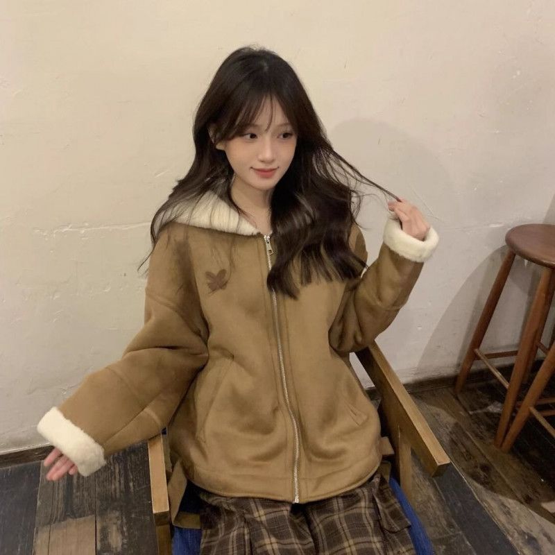 여성 루즈핏 오버핏 카라 덤블 퍼안감 인조 스웨이드 무스탕 자켓 점퍼 데일리 겨울 아우터 코디룩 - 상품 이미지