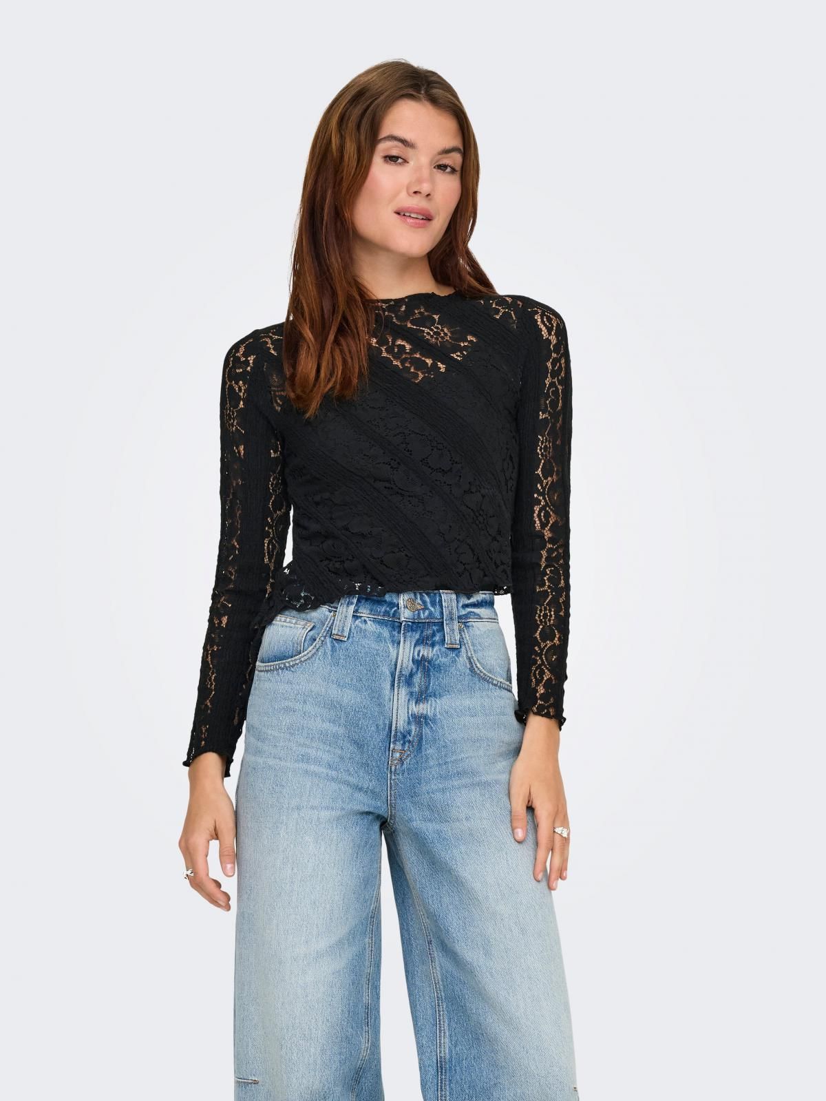 온리 레이스 하이넥 슬림핏 블랙 긴팔 탑 15364747_2161 BLACK / BLACK - 상품 이미지