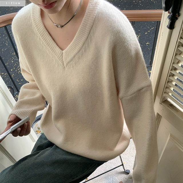 카보 브이넥 오버핏 하프 울 니트 3col 겨울 봄 루즈핏 롱 부드러운 데일리 제이플로우 - 상세 이미지 4