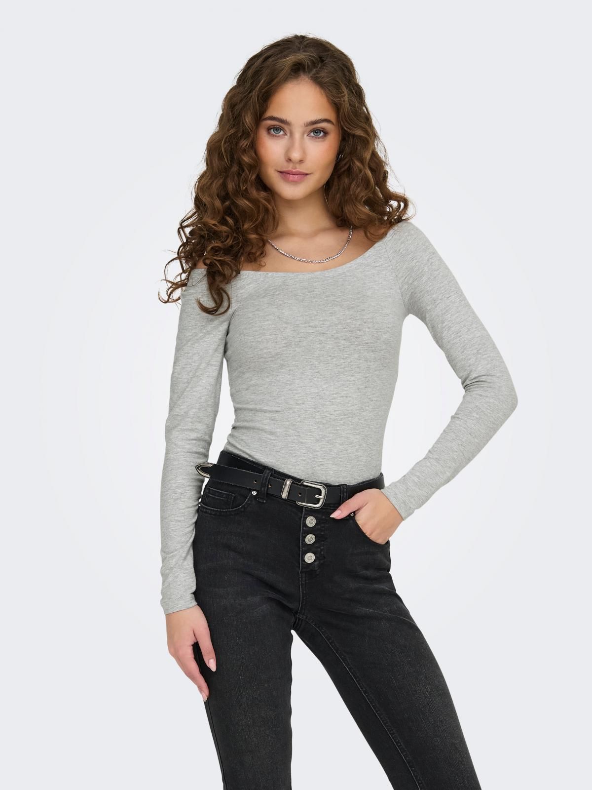온리 베이직 오프숄더 슬림핏 긴팔 티셔츠 15348137_2381 GREY / LIGHT GREY MELANGE - 상품 이미지