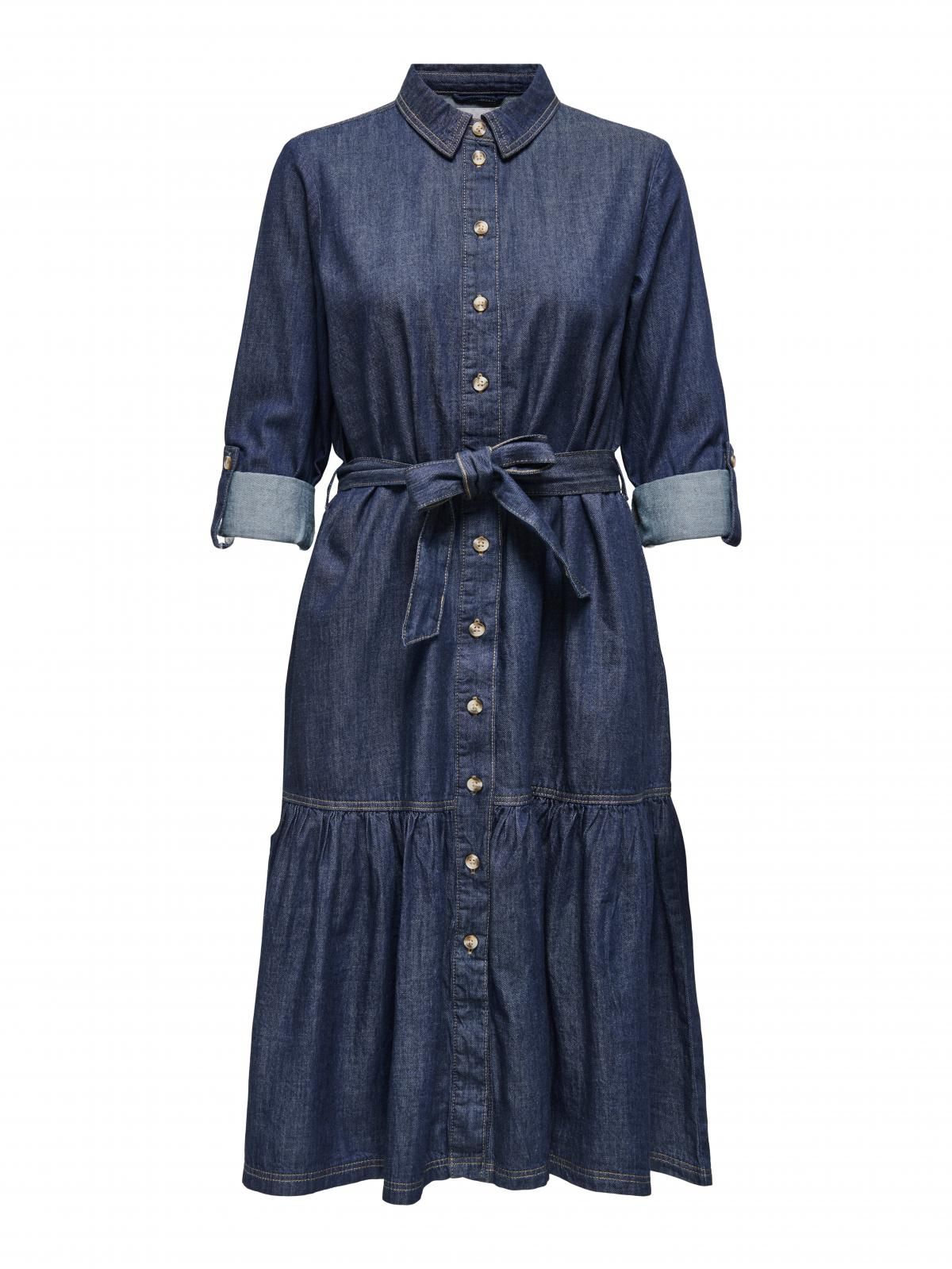 온리 데님 셔츠카라 벨트 프릴 롱 원피스 15357967_2114 BLUE / DARK BLUE DENIM - 상세 이미지 3