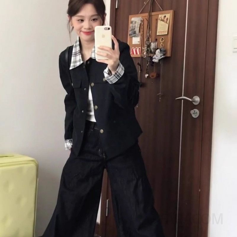 여성 가을 간절기 데일리 오피스룩 캐주얼 무드 체크 배색 카라 버튼업 루즈핏 오버핏 재킷 아우터 점퍼 - 상세 이미지 3
