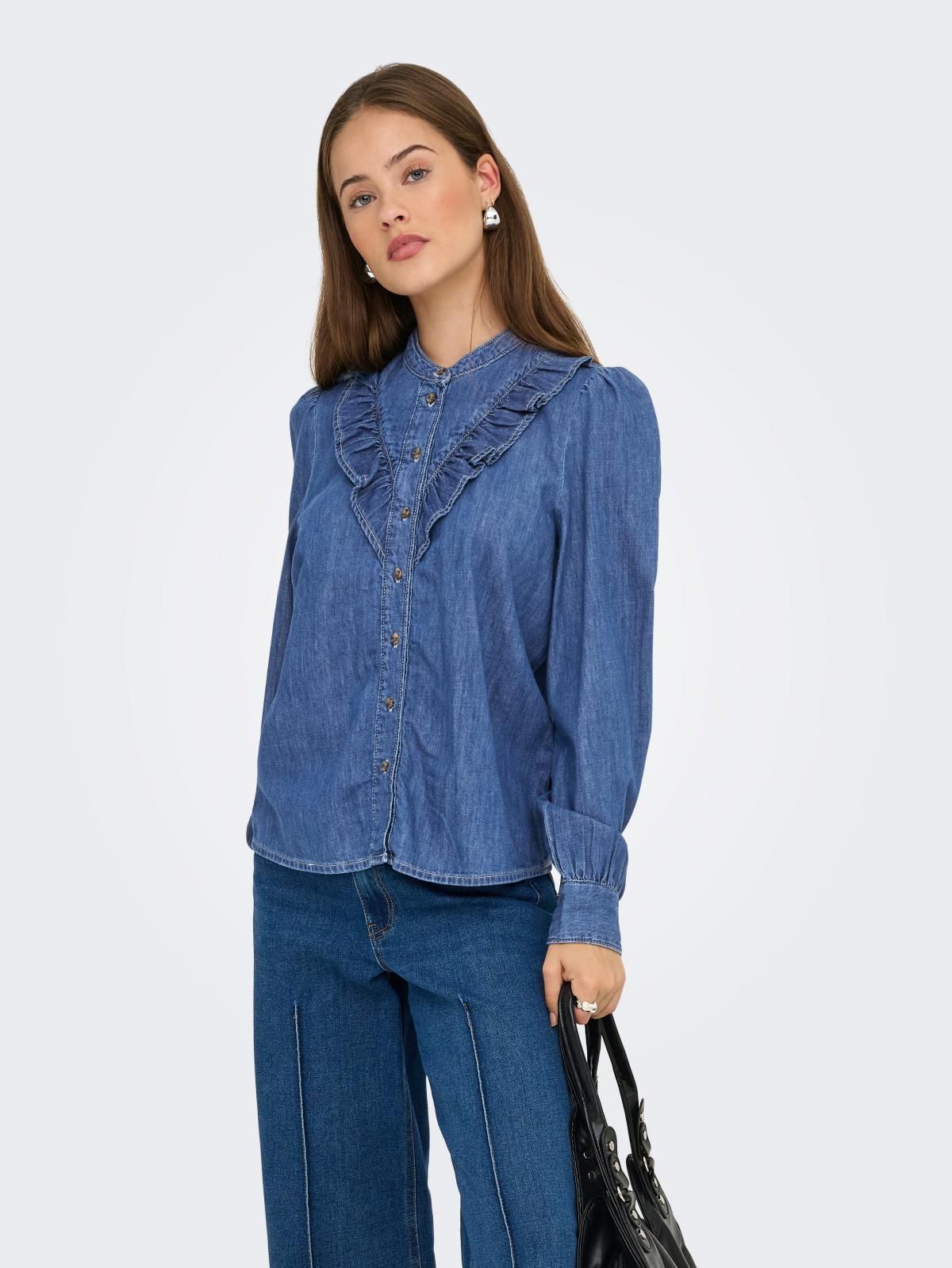 온리 프릴 테크니컬 데님 긴팔 셔츠 15352417_2115 BLUE / MEDIUM BLUE DENIM - 상품 이미지