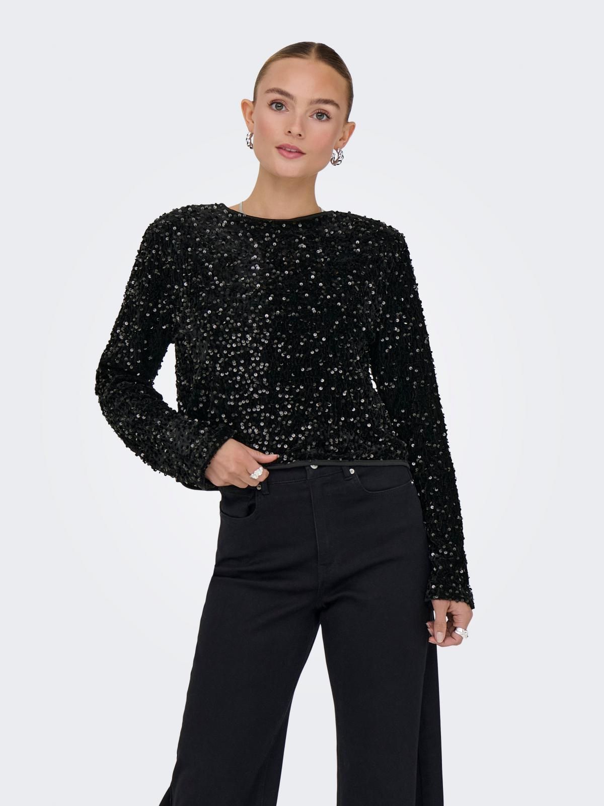 온리 파티 스팽글 라운드넥 블랙 긴팔 탑 15339412_2161_1243741 BLACK / BLACK - 상품 이미지