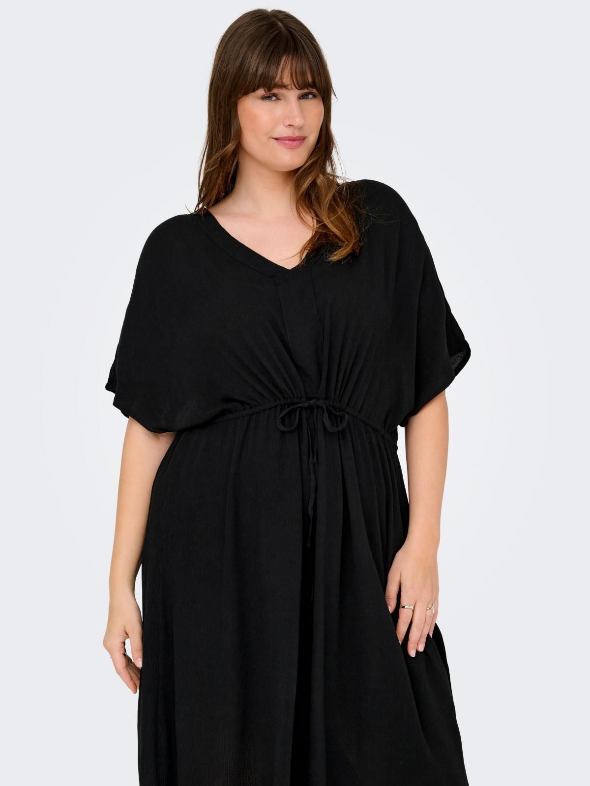 온리 빅사이즈 브이넥 드로스트링 미니 원피스 15349312_2161 BLACK / BLACK 이미지 6