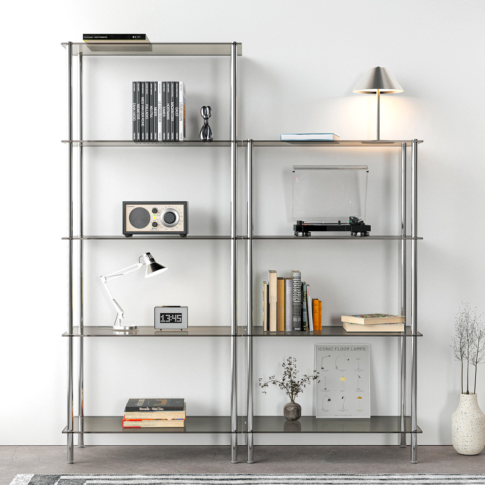 모듈 스테인리스 선반 장식장 600x300x1075, 4단, 그레이 유리