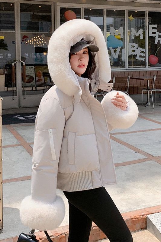여성 데일리 루즈핏 퍼후드 숏패딩 점퍼 항공점퍼 소매 퍼 트리밍 따뜻한 겨울 아우터 패딩 - 상세 이미지 3