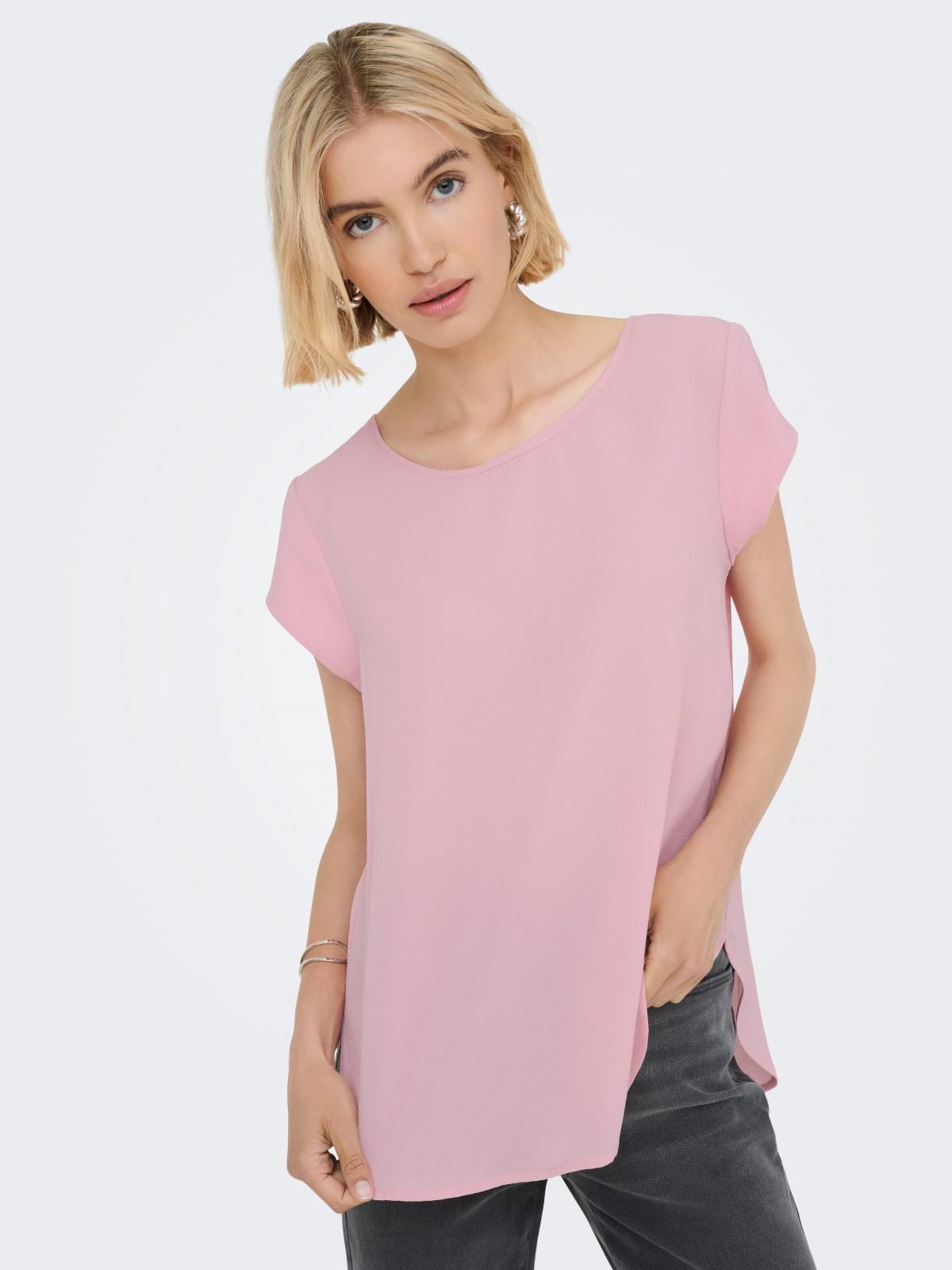 온리 라운드넥 반팔 테크니컬 핑크 블라우스 15142784_8263 RED / BLEACHED MAUVE - 상품 이미지