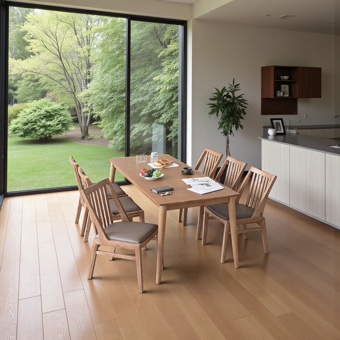 이즈네이처 라벤더프리지 원목 6인용식탁 세트 식탁+의자3+등받이 3인벤치1, 1800mm, 라이트브라운