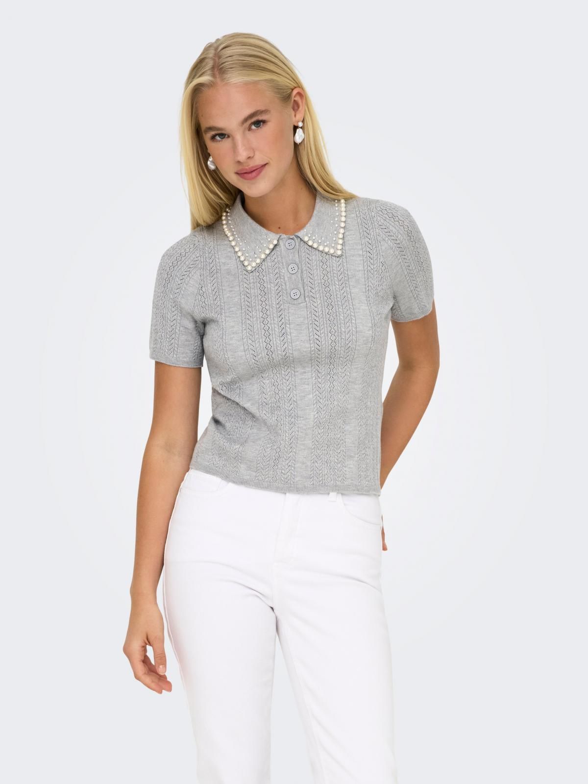 온리 진주카라 반팔 폴로 니트 탑 15357340_2381 GREY / LIGHT GREY MELANGE - 상품 이미지