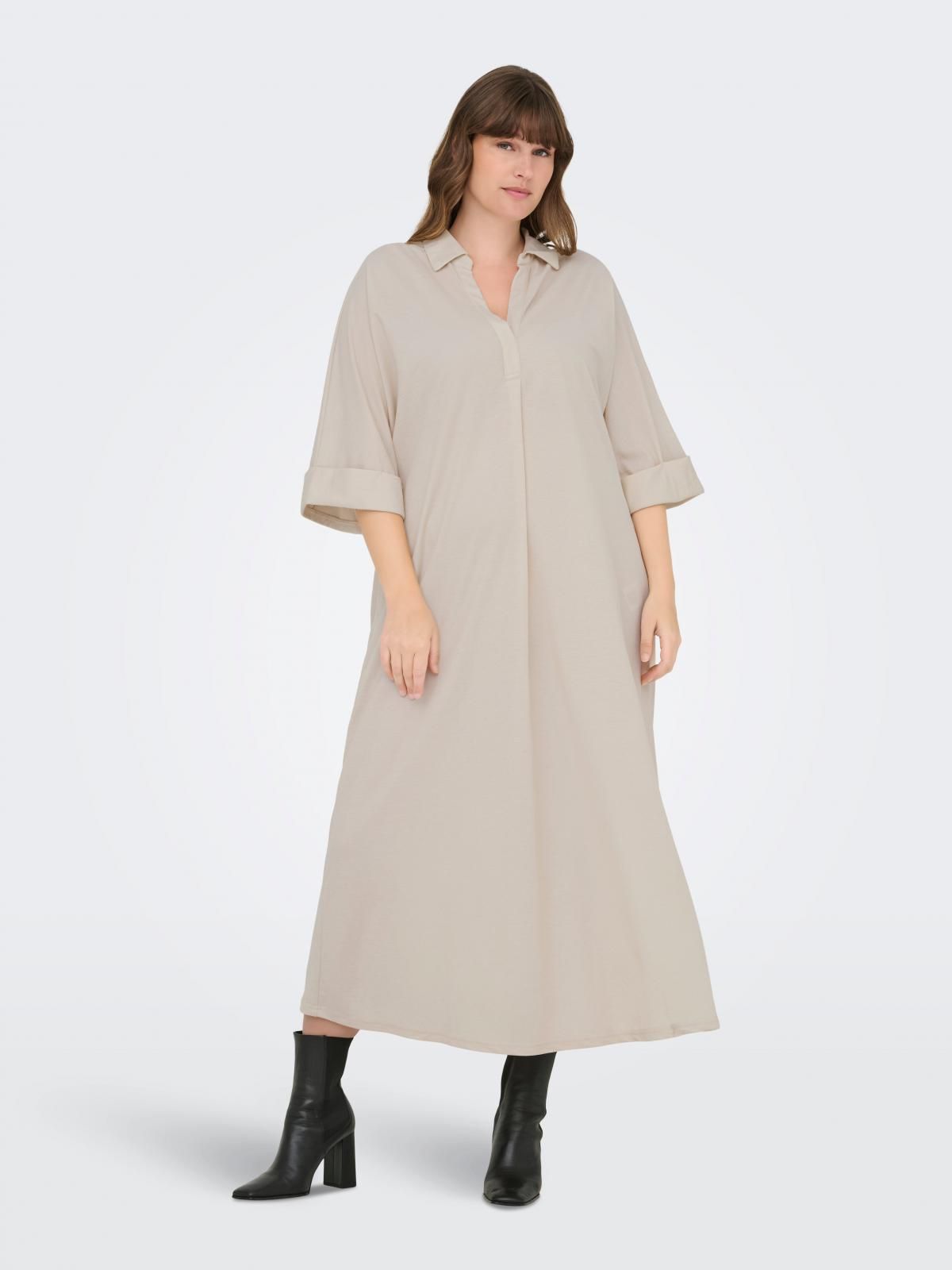 온리 빅사이즈 벨티드 브이넥 미디 원피스 15355586_115 BEIGE / PUMICE STONE - 상세 이미지 5