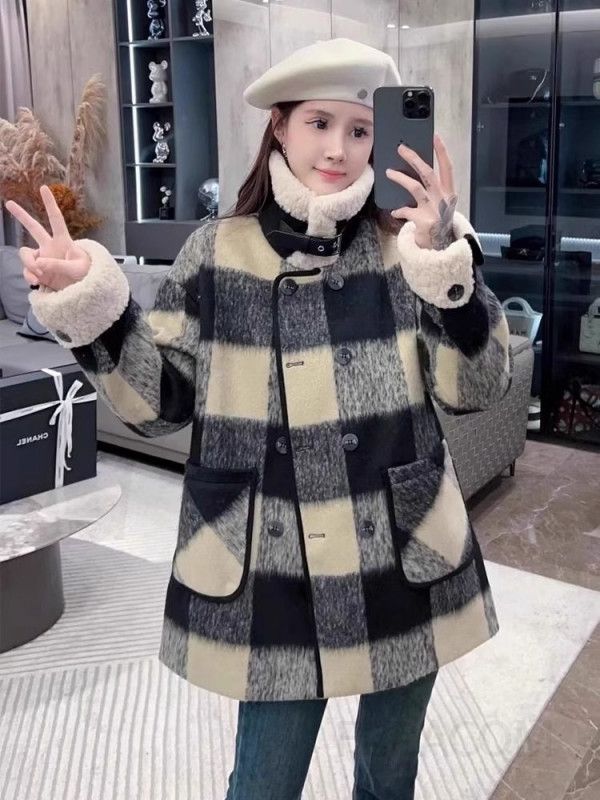 여성 루즈핏 캐주얼 체크무늬 도톰한 패딩 누빔 자켓 아우터 양털 카라 코트 겨울 - 상세 이미지 3