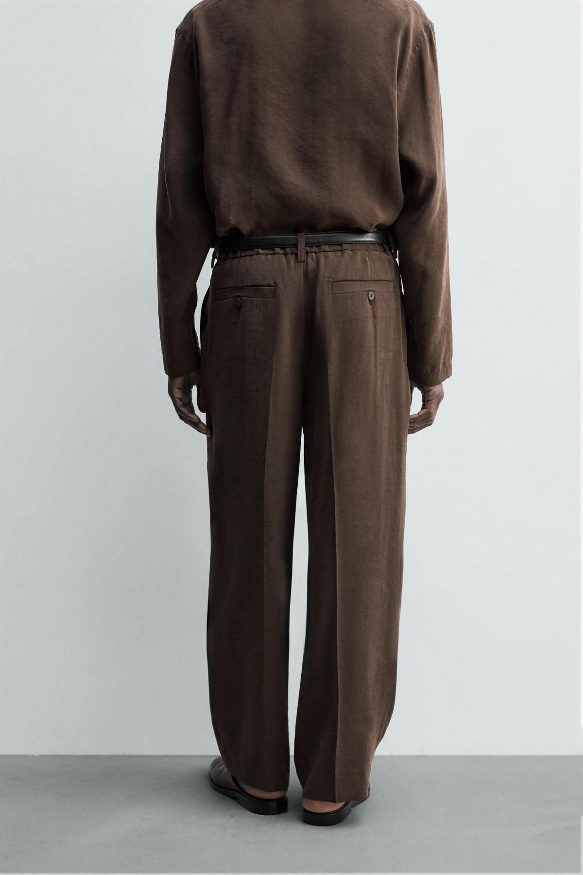 자라 모달 혼방 와이드 플리츠 슬랙스 팬츠 6961/302 BROWN - 상세 이미지 3