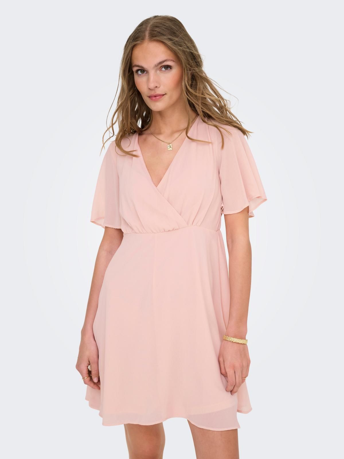 온리 브이넥 플레어 미니 원피스 핑크 15354759_887 ROSE / ROSE SMOKE - 상품 이미지