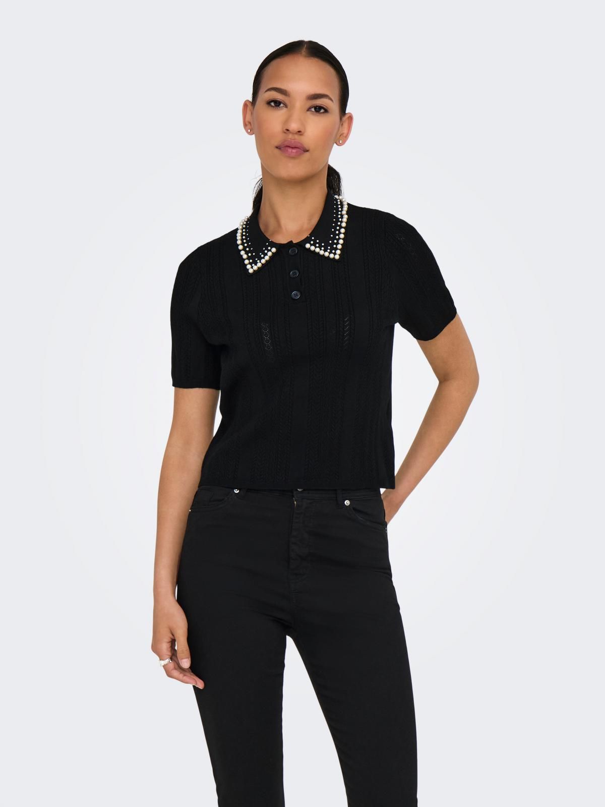 온리 진주장식 블랙 폴로 반팔 니트 탑 15357340_2161 BLACK / BLACK - 상품 이미지
