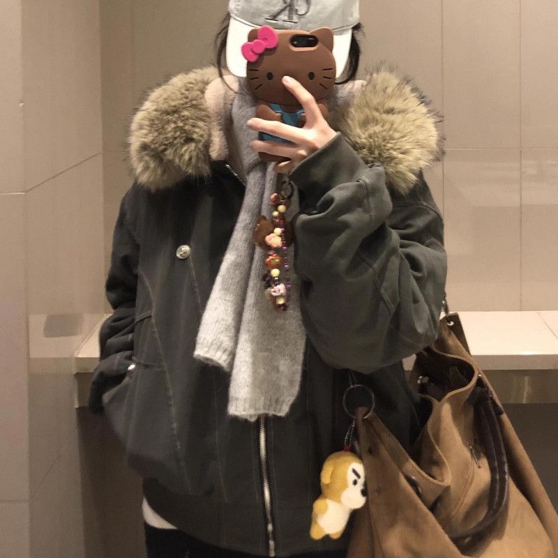 여성 루즈핏 오버핏 인조퍼 후드 지퍼 여밈 롱슬리브 도톰한 보온성 겨울 패딩 점퍼 아우터 캐주얼 데일리룩 - 상세 이미지 2