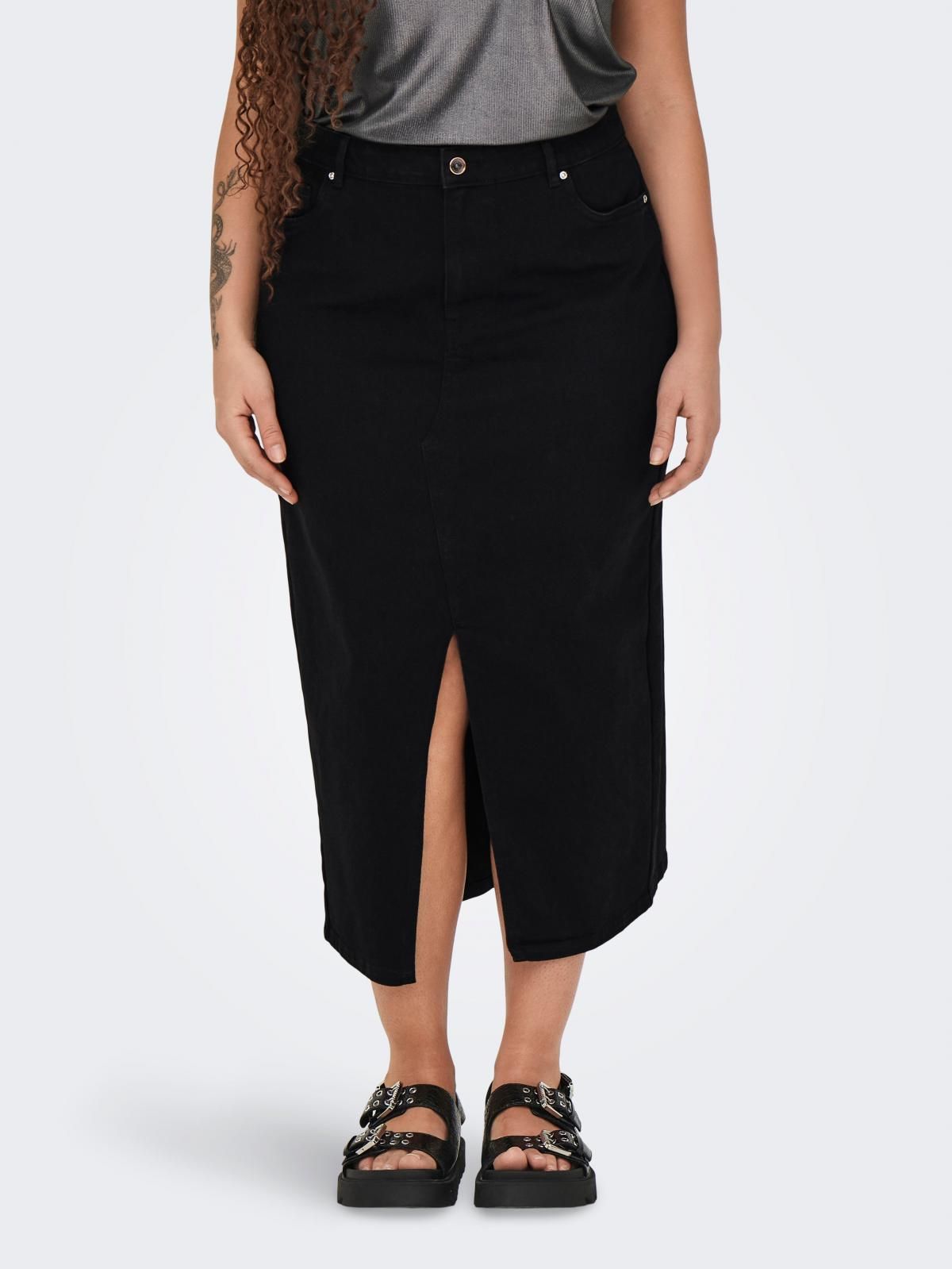 온리 빅사이즈 코튼 슬릿 미디 스커트 15324767_2103 BLACK / BLACK DENIM - 메인 이미지