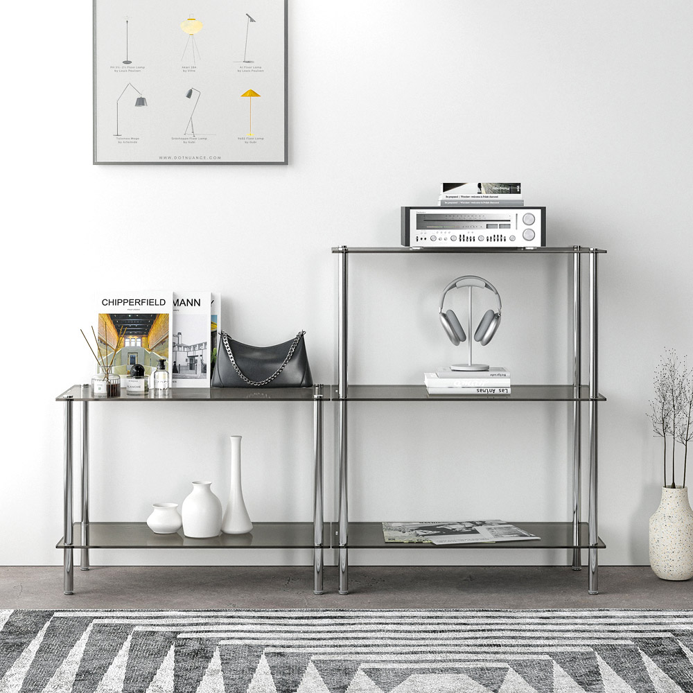 모듈 스테인리스 선반 장식장 600x300x425, 2단, 그레이 유리