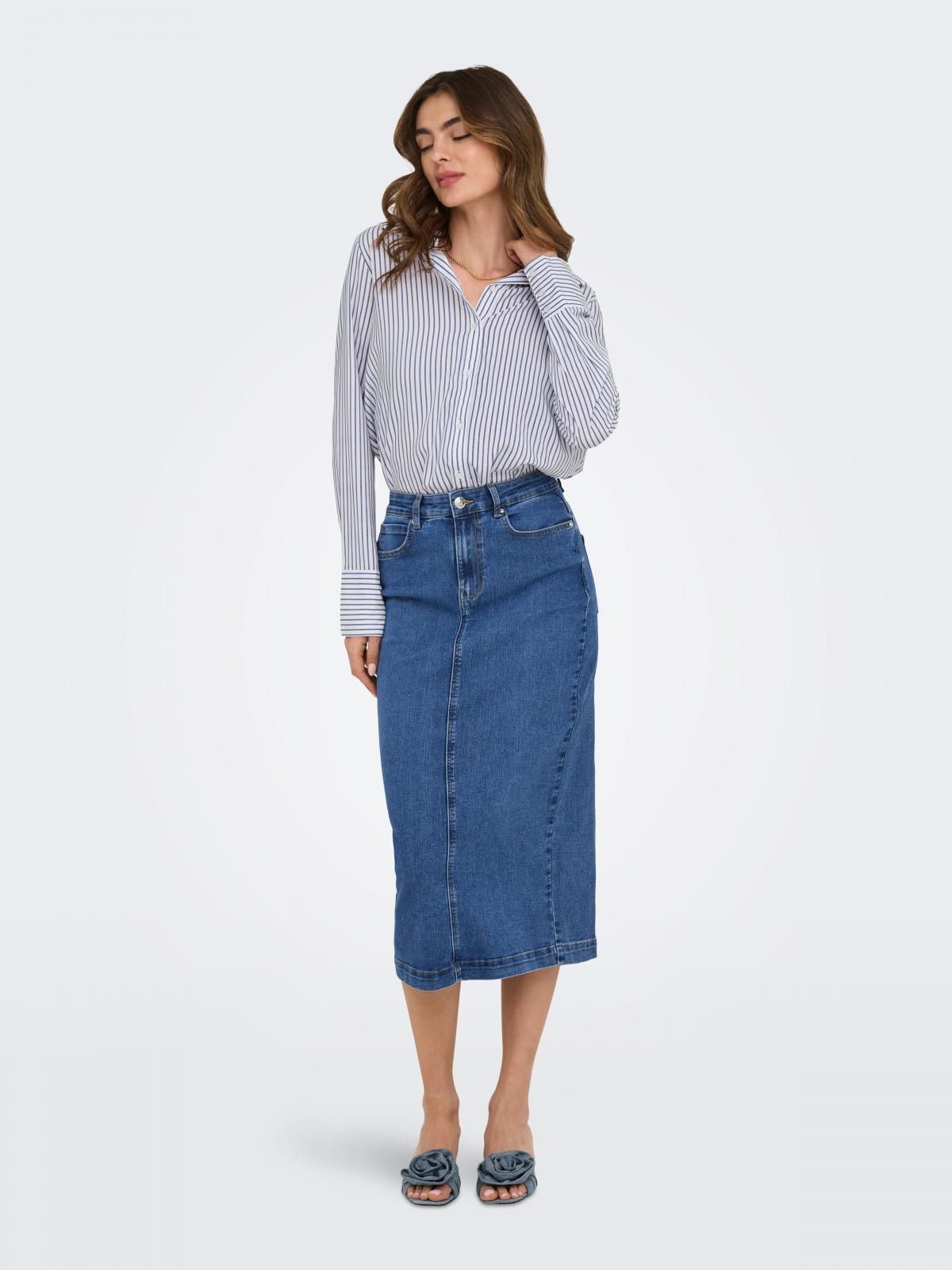 온리 데님 베이직 미디 스커트 15347684_2115 BLUE / MEDIUM BLUE DENIM - 상세 이미지 5
