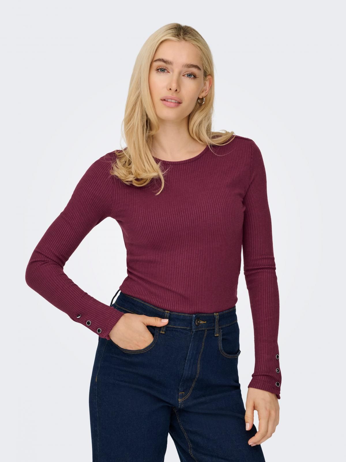 온리 슬림핏 라운드넥 롱슬리브 탑 15358953_1013_1224041 PURPLE / BURGUNDY - 상품 이미지