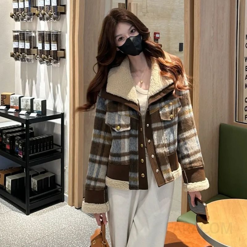 따뜻한 남녀공용 브라운 체크 뽀글이 카라 누빔 패딩 자켓 가을 겨울 캐주얼 아우터 점퍼 - 상세 이미지 2
