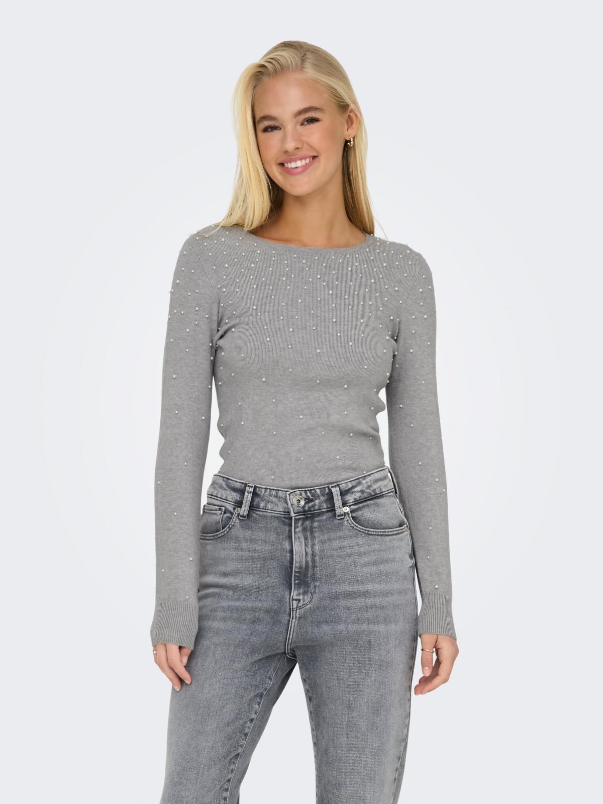 온리 진주장식 라운드넥 긴팔 니트 탑 15346656_2381_1181542 GREY / LIGHT GREY MELANGE - 상품 이미지