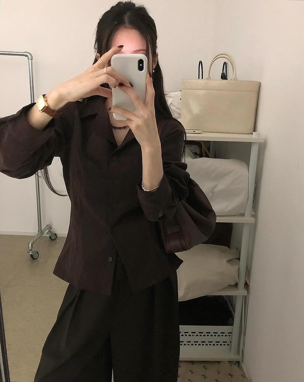 탓브 여성 겨울 레이어드 이너 크롭 오픈카라 골덴 긴팔 셔츠 - 상품 이미지