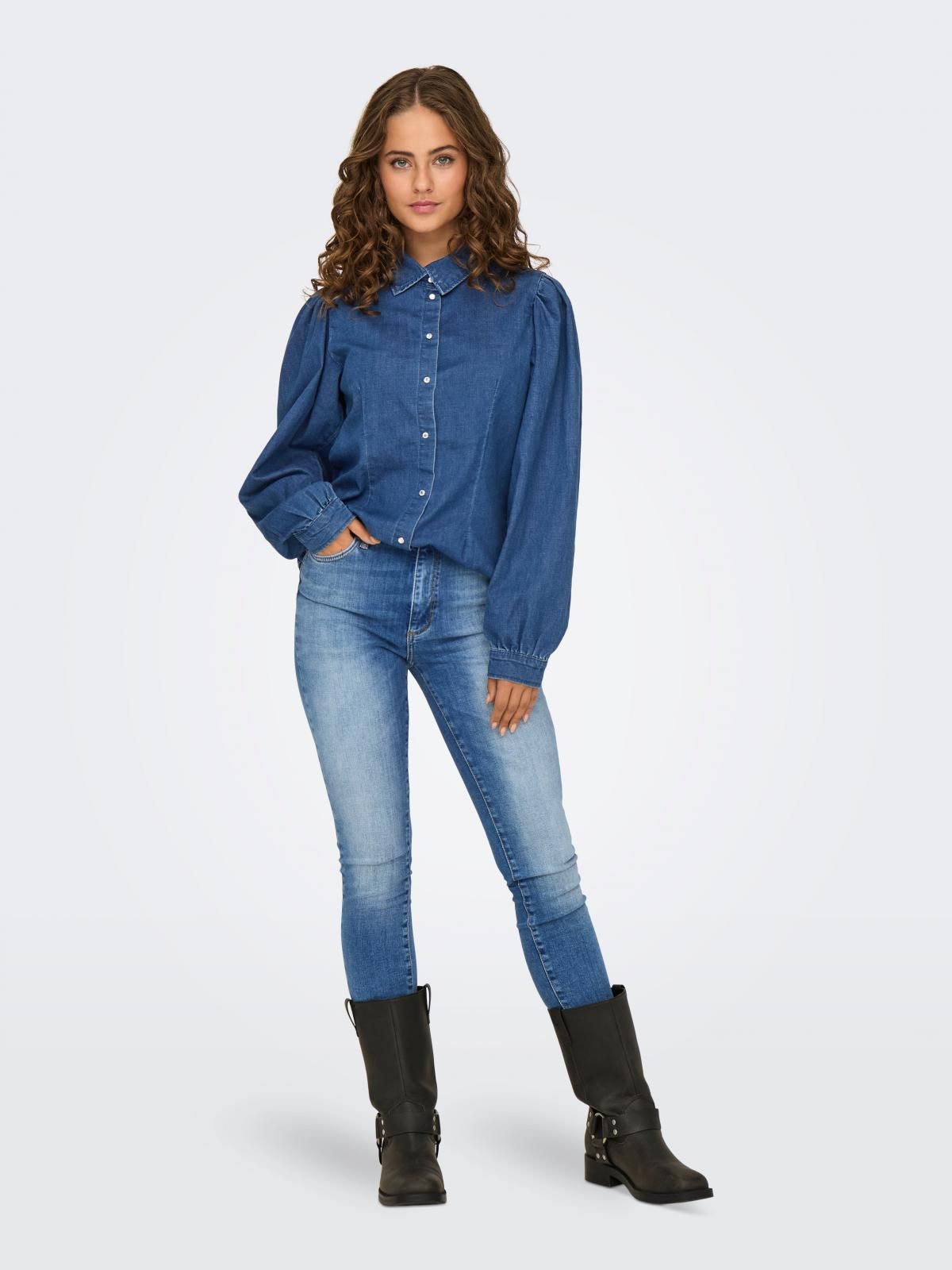 온리 트렌디 데님 퍼프슬리브 긴팔 셔츠 15300527_2115 BLUE / MEDIUM BLUE DENIM - 상세 이미지 5
