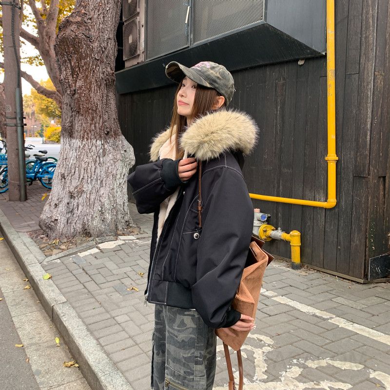 여성 오버핏 루즈핏 후드 패딩 항공 점퍼 두툼한 겨울 아우터 보온 따뜻한 데일리 숏 자켓 스트릿 힙한 캐주얼 스타일 간절기 코디 - 상세 이미지 2