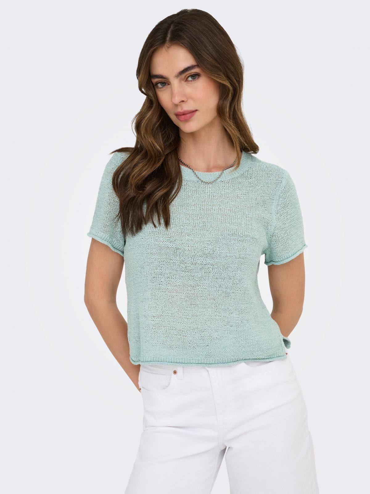 온리 라이트그린 소프트 라운드넥 반팔 니트 탑 15254282_1422 TURQUOISE / GRAY MIST - 상품 이미지