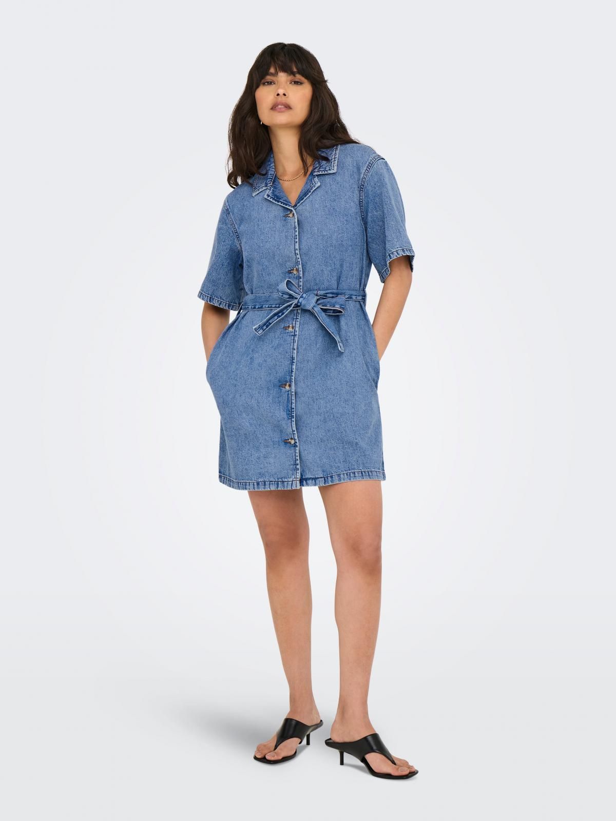온리 데님 미니 브이넥 벨트 원피스 15358188_2116 BLUE / LIGHT BLUE DENIM - 상세 이미지 5