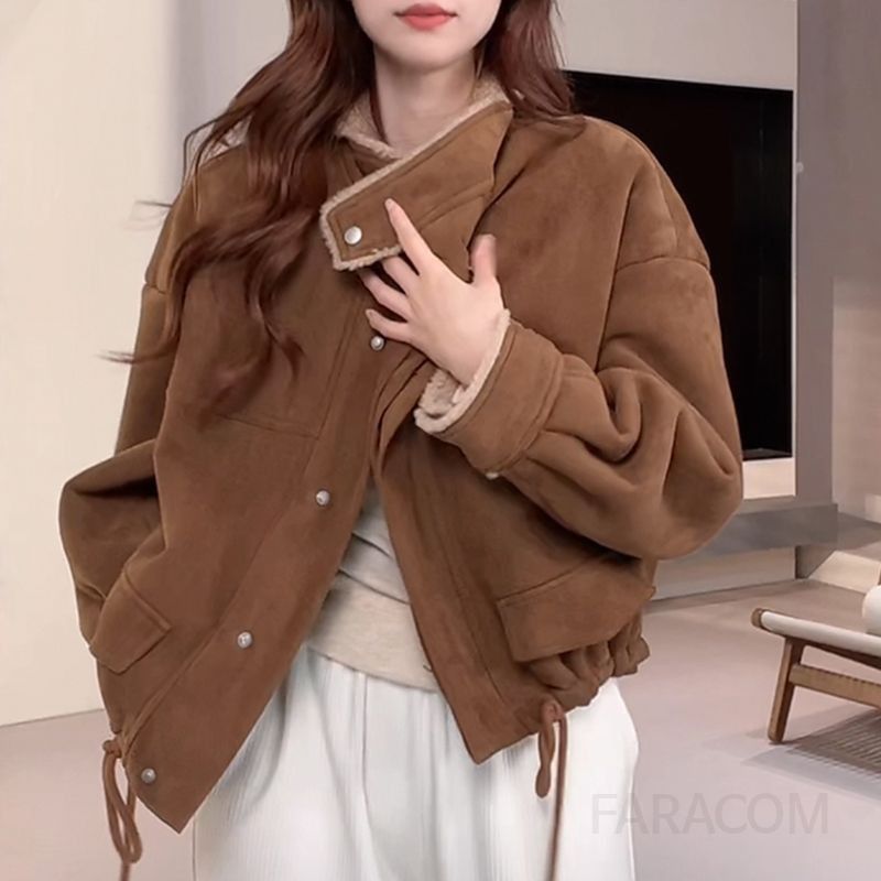 여성 덤블 퍼 카라 무스탕 스웨이드 항공 점퍼 루즈핏 도톰한 겨울 양털 안감 자켓 데일리 아우터 가을 - 상세 이미지 4