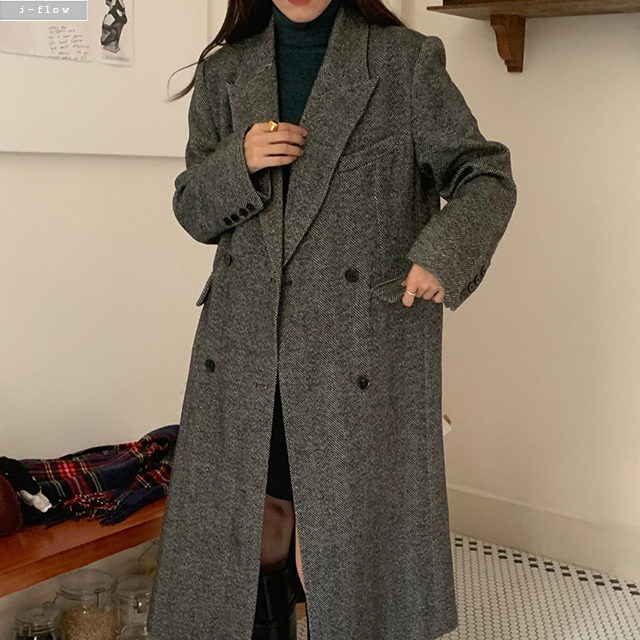 포더 헤링본 오버핏 카라넥 맥시 울 롱 코트 2col 겨울 봄 박시 패드 더블 제이플로우 - 상세 이미지 3