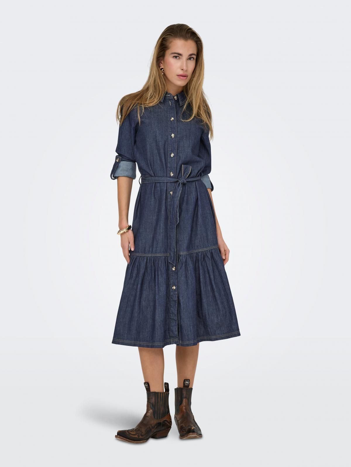 온리 데님 셔츠카라 벨트 프릴 롱 원피스 15357967_2114 BLUE / DARK BLUE DENIM - 상품 이미지