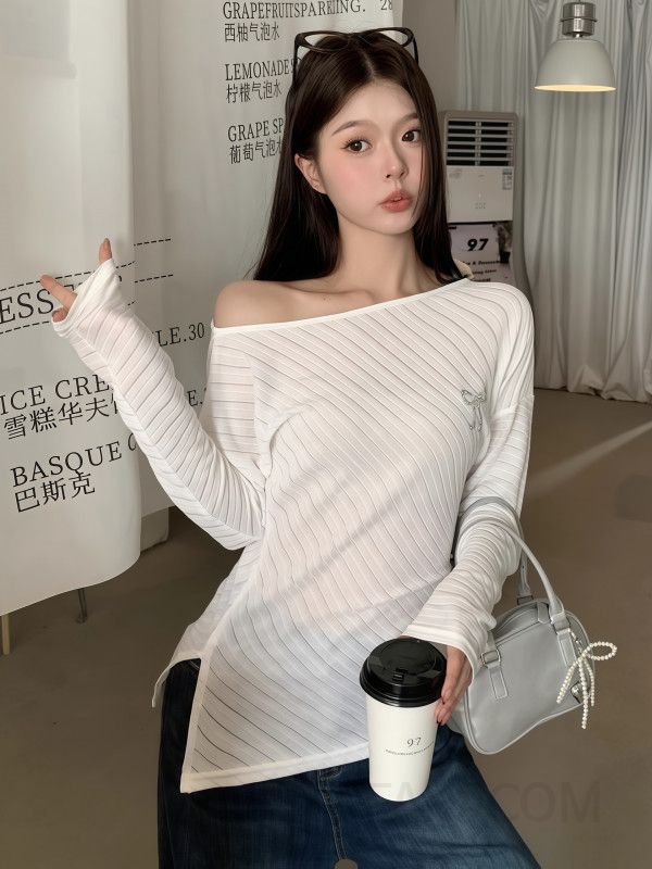 여성 시스루 스트라이프 긴팔 보트넥 루즈핏 언발란스 니트 티셔츠 풀오버 가을 - 상세 이미지 3